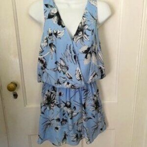 Parker Women's V-Neck, Sleeveless, Sky Blue, Floral Print Romper, Size XS